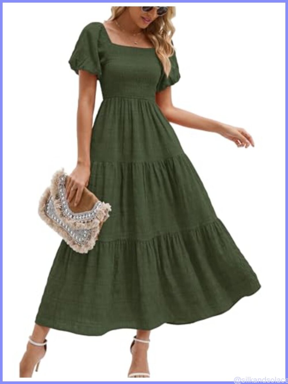 Puff Short Sleeve Maxi Dress | 98% Polyester 2% Elastane | A-Line Ruffle Dress